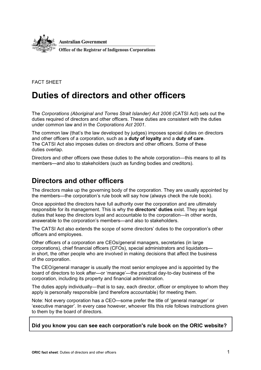 ORIC Fact Sheet: Duties of Directors and Other Officers