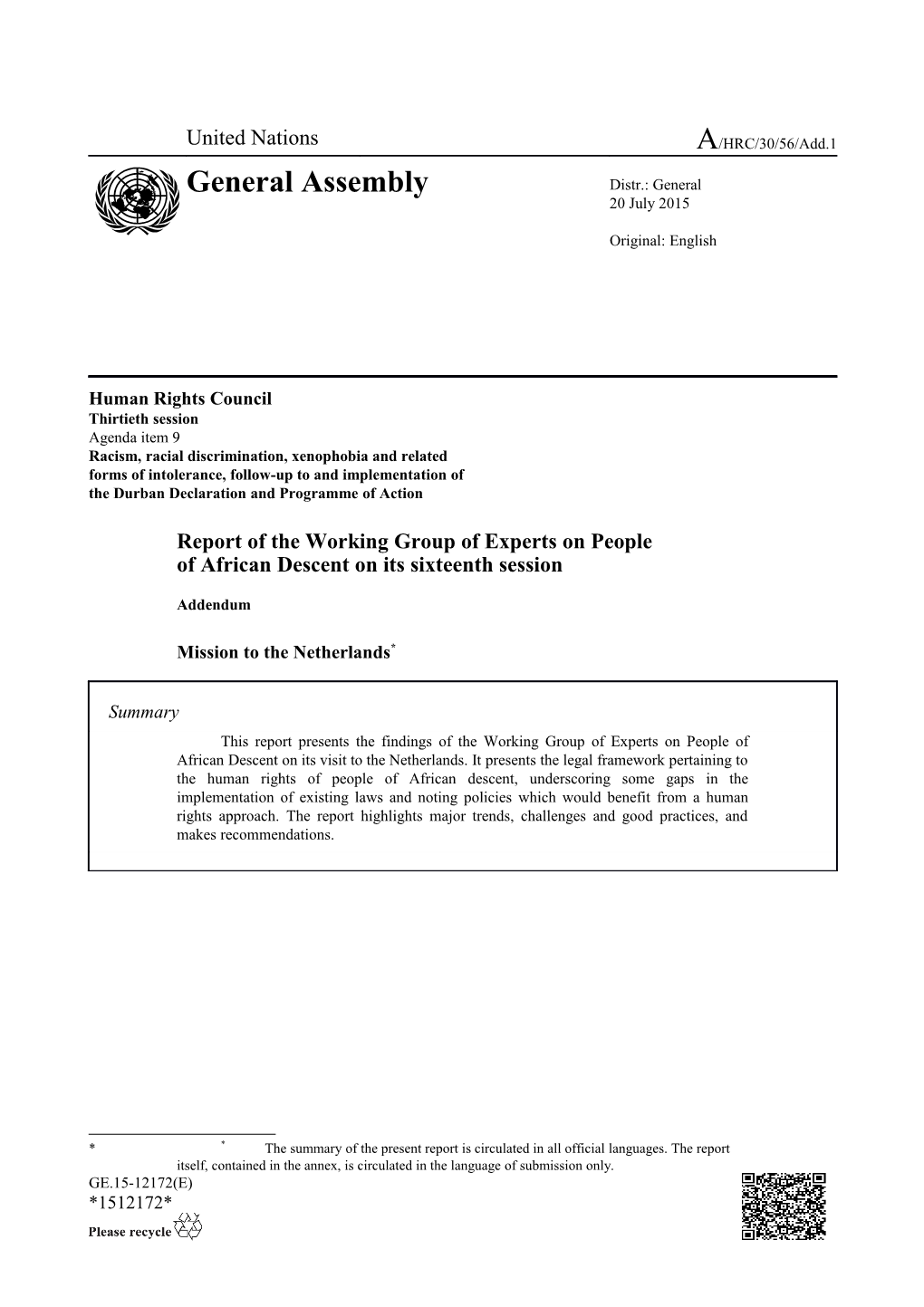 Report of the Working Group of Experts on People of African Descent - Addendum - Mission