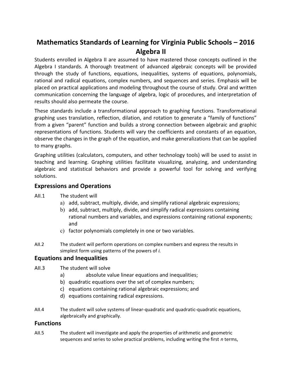 Mathematics Standards of Learning for Virginia Public Schools 2016 Algebra II