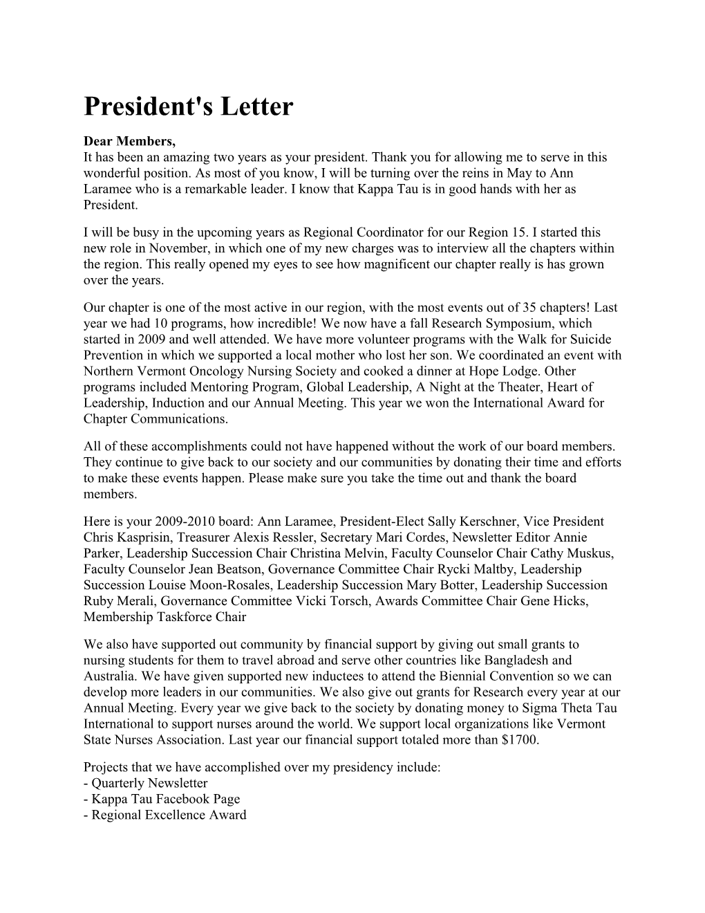 President's Letter