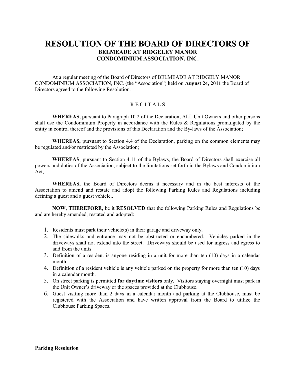 Resolution of the Board of Directors Of