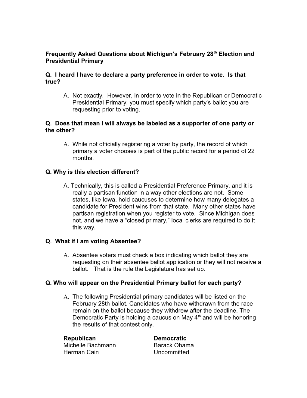 Frequently Asked Questions About Michigan S February 28Th Election and Presidential Primary