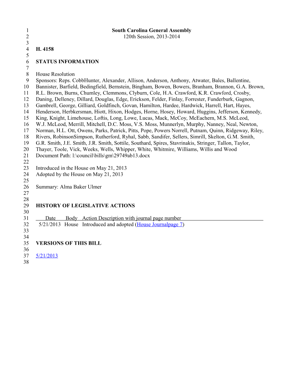 2013-2014 Bill 4158: Alma Baker Ulmer - South Carolina Legislature Online