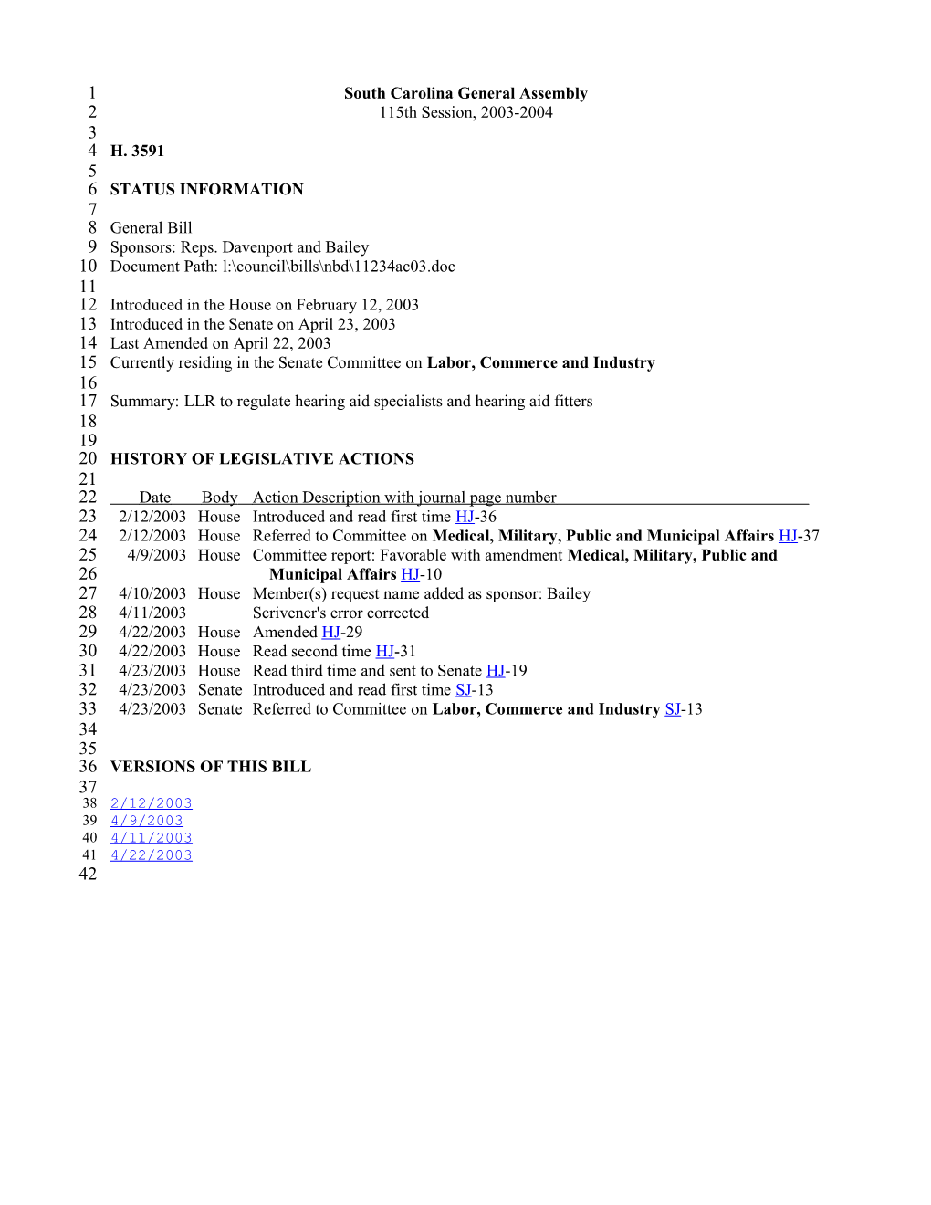 2003-2004 Bill 3591: LLR to Regulate Hearing Aid Specialists and Hearing Aid Fitters