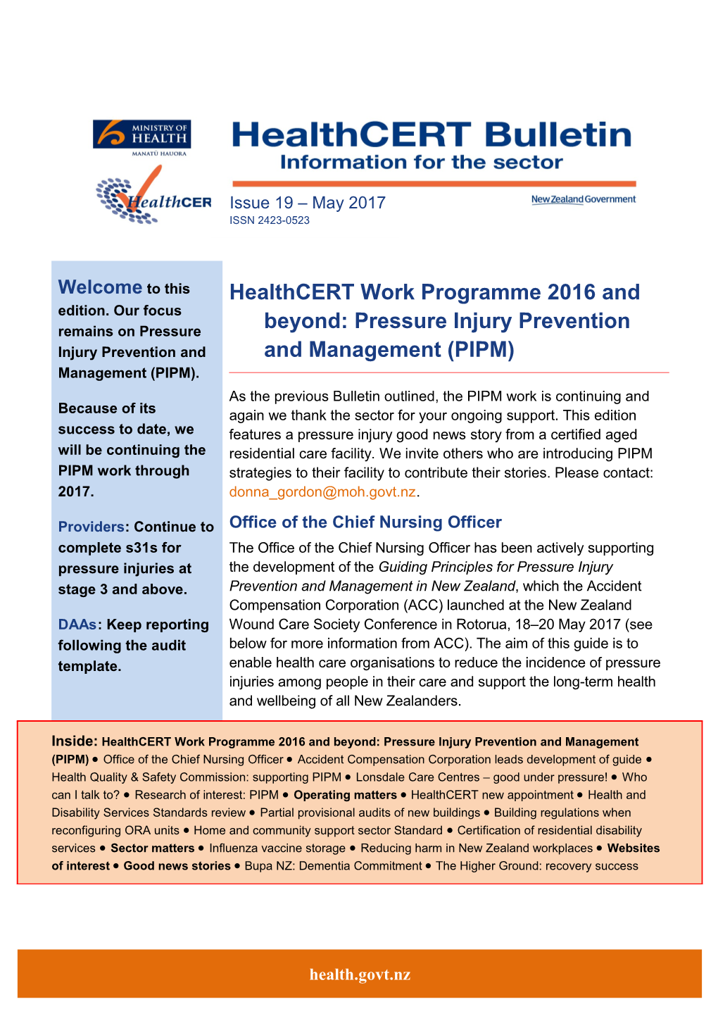 Healthcert Work Programme 2016 and Beyond: Pressure Injury Prevention and Management (PIPM)