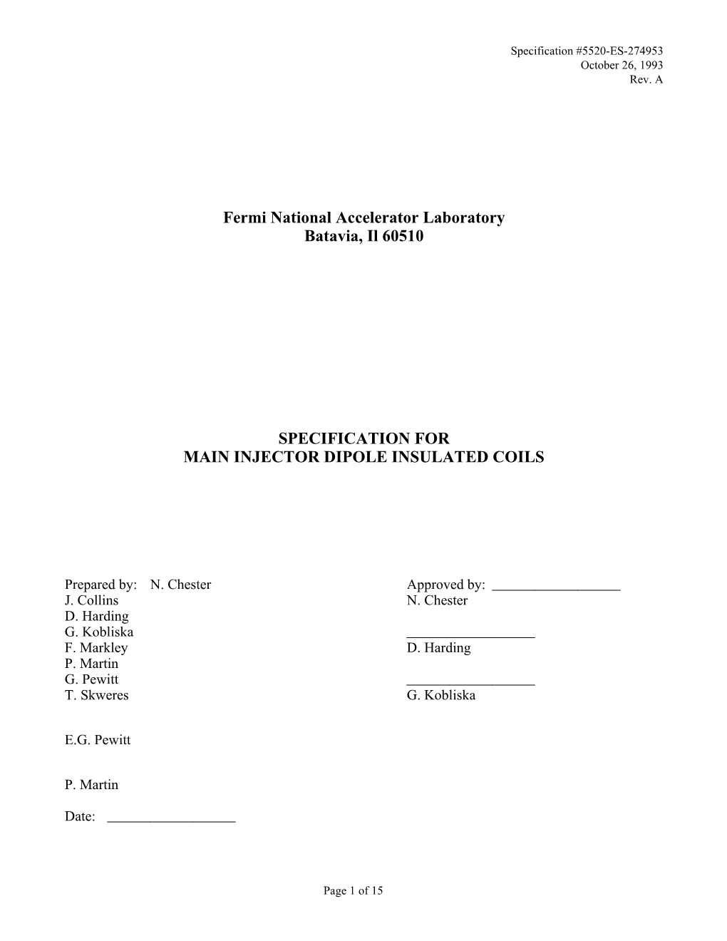 Specifications for the Main Ring Injector Dipole Insulated Coils