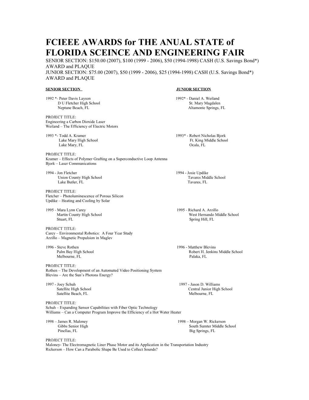 FCIEEE AWARDS for the ANUAL STATE of FLORIDA SCEINCE and ENGINEERING FAIR