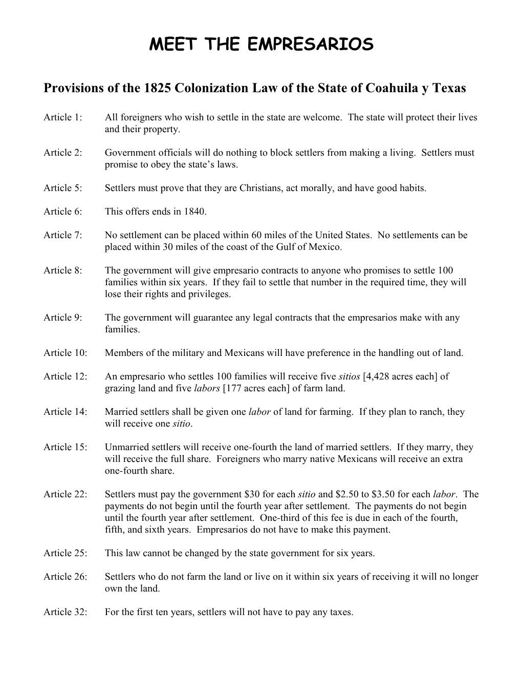 Provisions of the 1825 Colonization Law of the State of Coahuila Y Texas