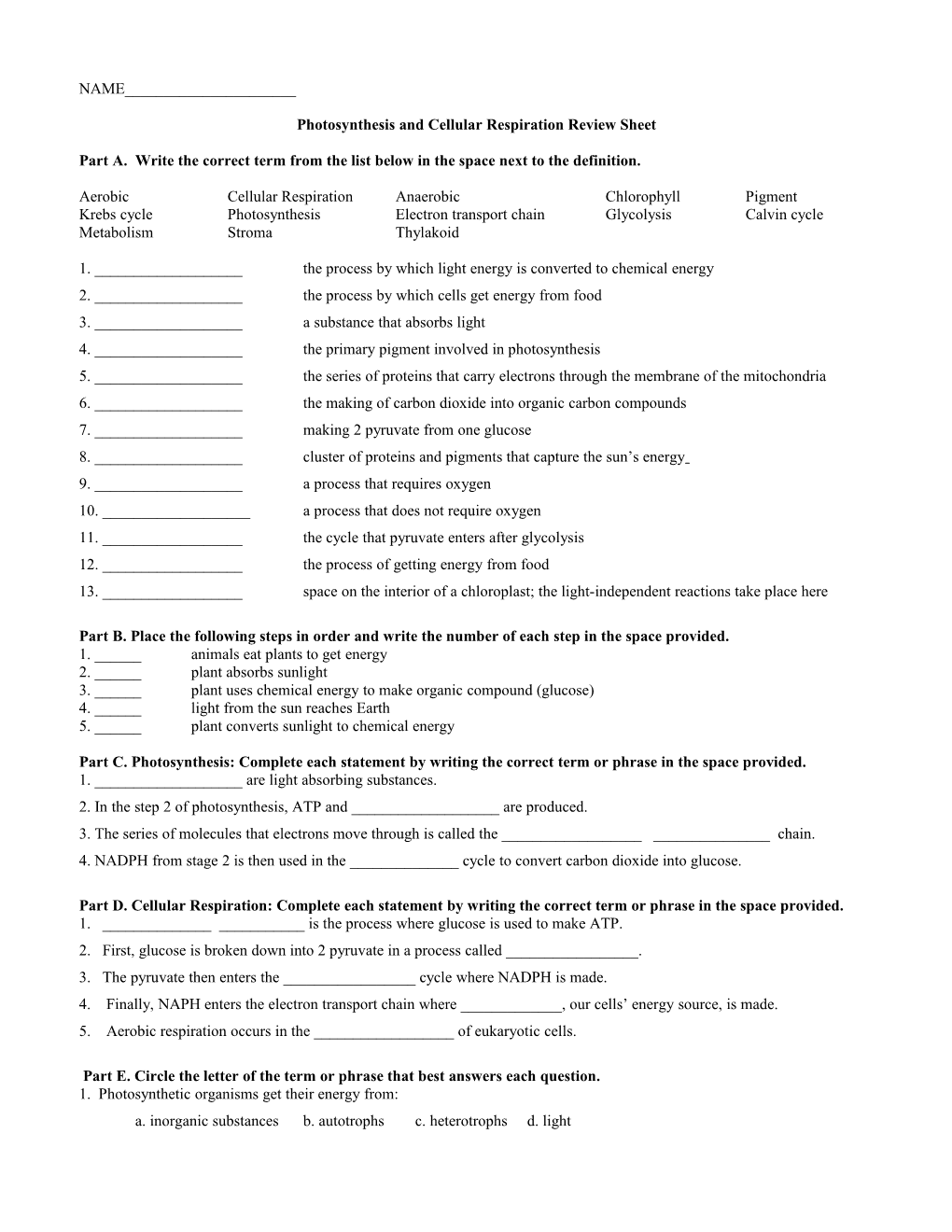 Photosynthesis and Cellular Respiration Review Sheet