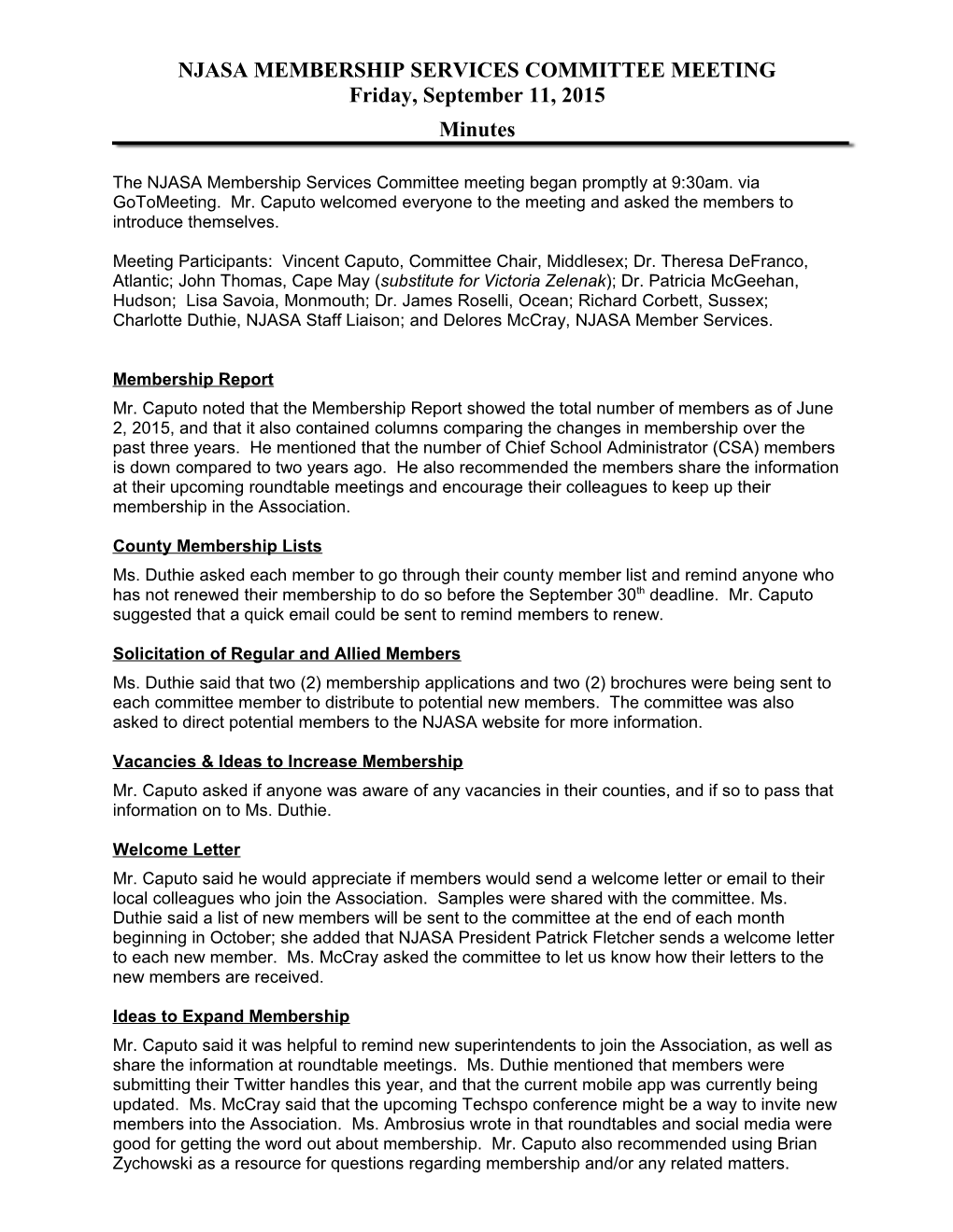 NJASA MEMBERSHIP SERVICES COMMITTEE MEETING Friday, September 11, 2015