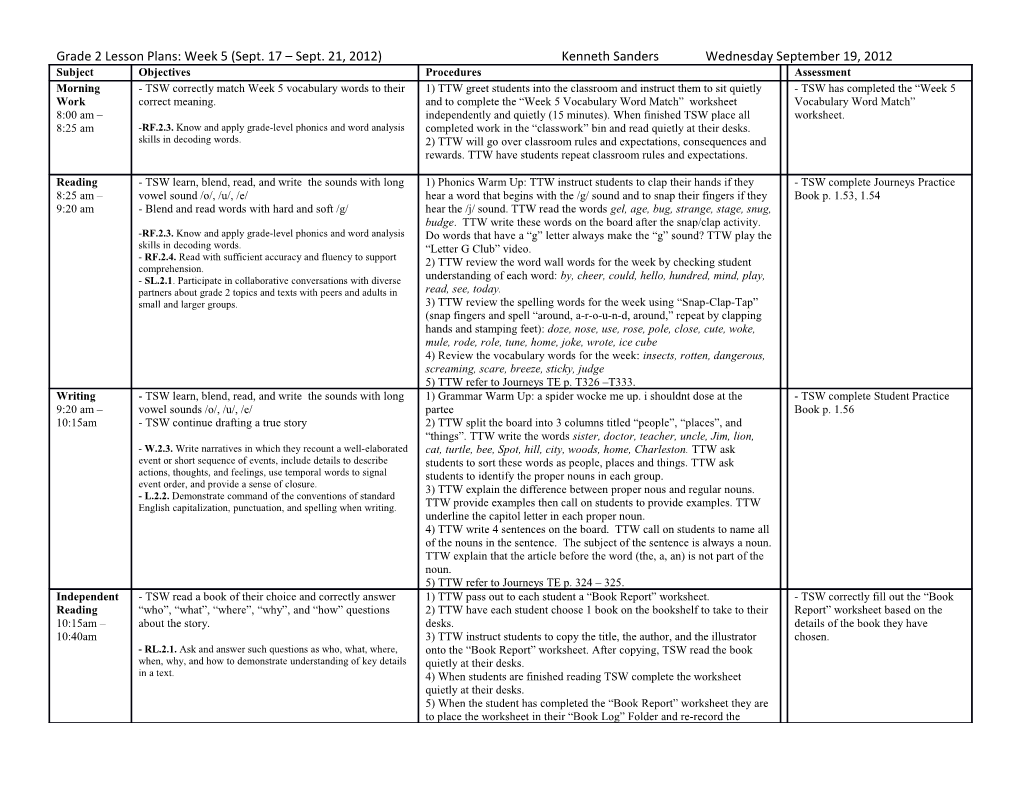 Grade 2 Lesson Plans: Week 5 (Sept. 17 Sept. 21, 2012)Kenneth Sanderswednesday September