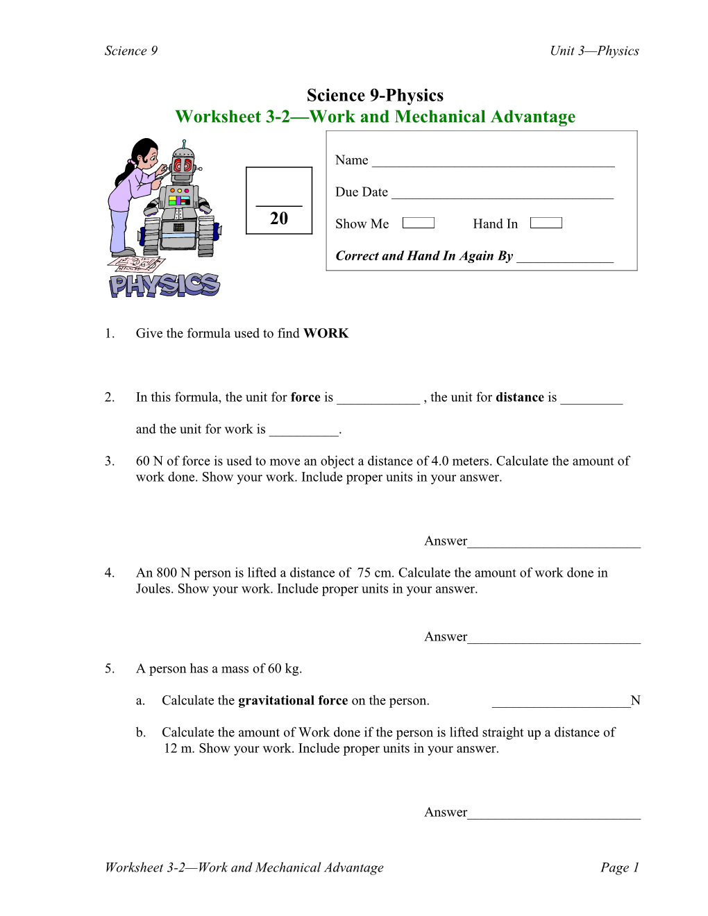 Worksheet 3-2 Work and Mechanical Advantage