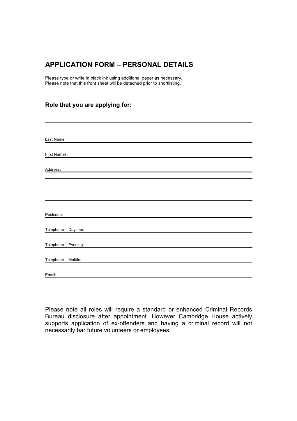 Application Form Personal Details
