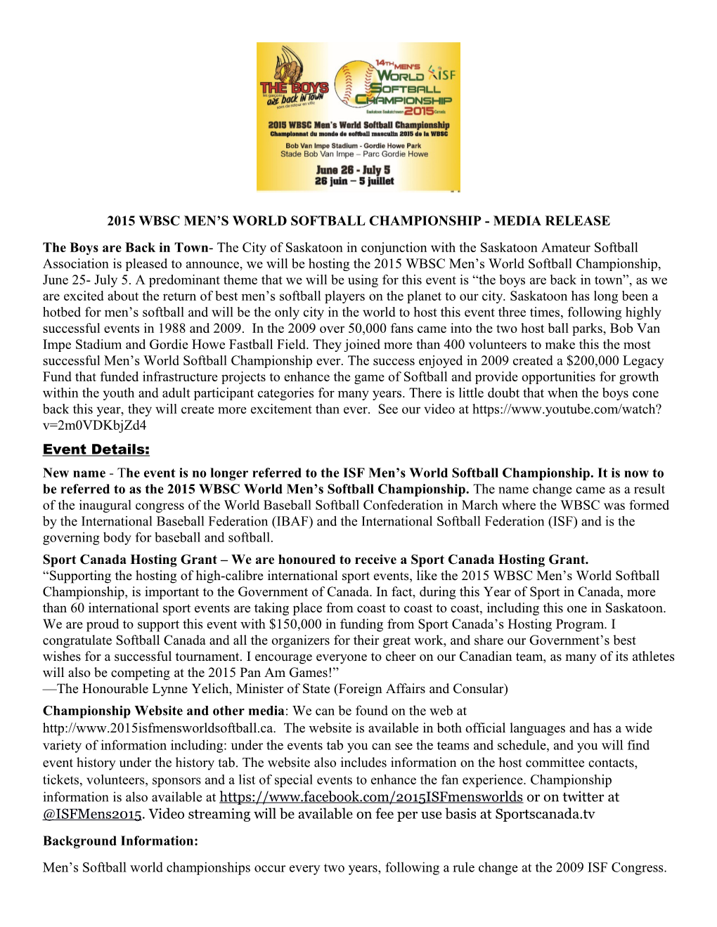 2015 Wbsc Men S World Softball Championship - Media Release