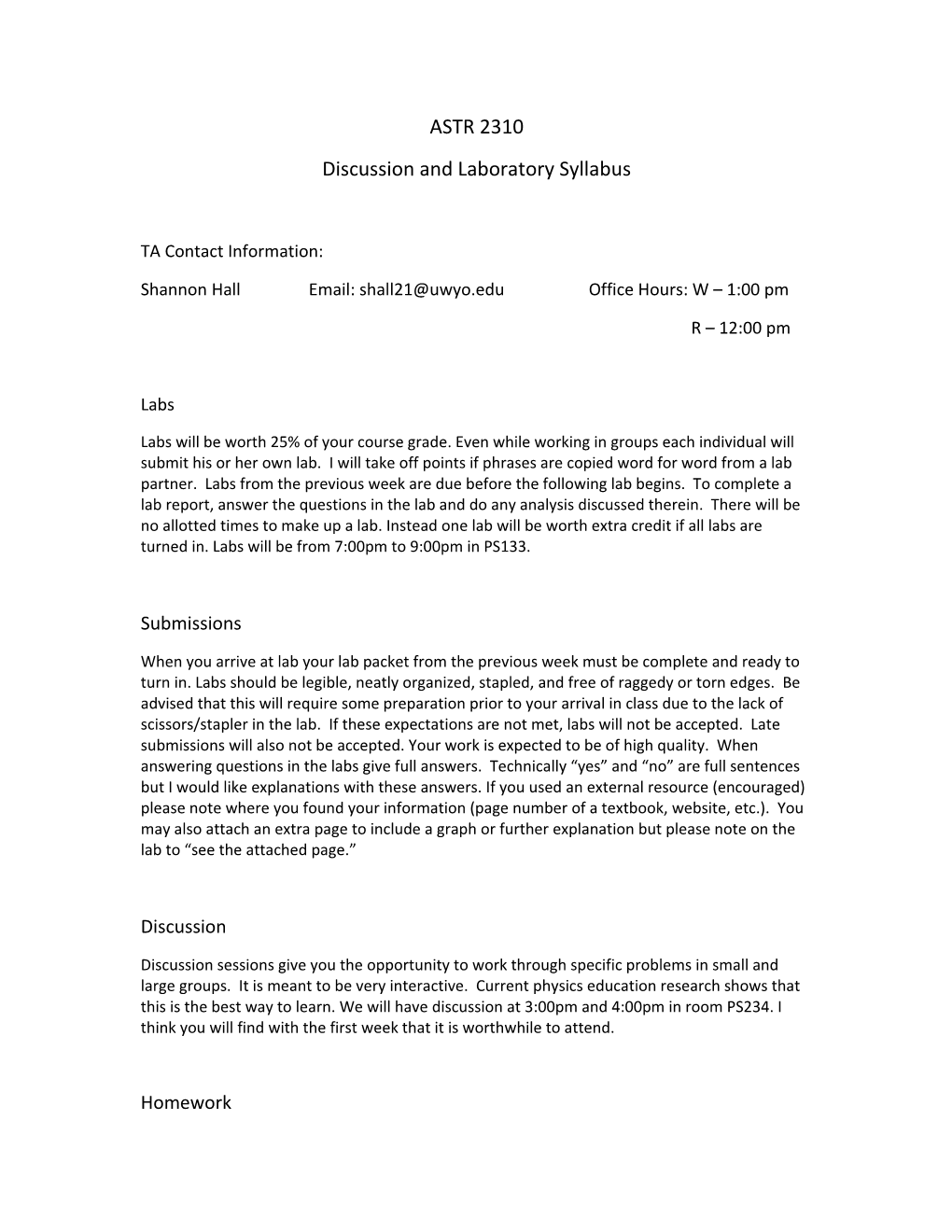 Discussion and Laboratory Syllabus
