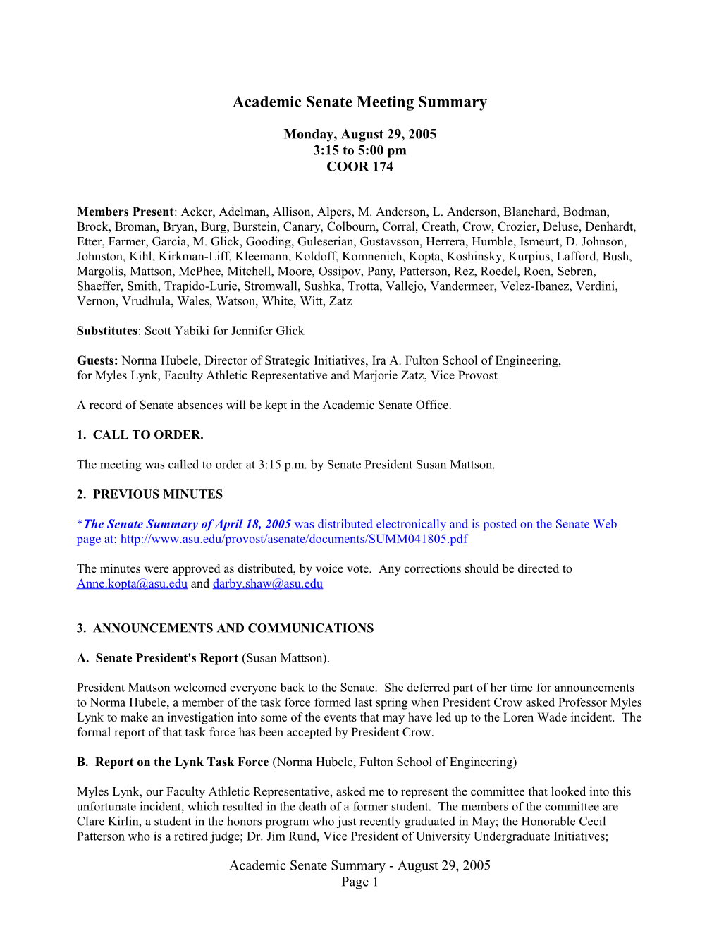 Transcript of Senate Meeting on Monday, August 29, 2005