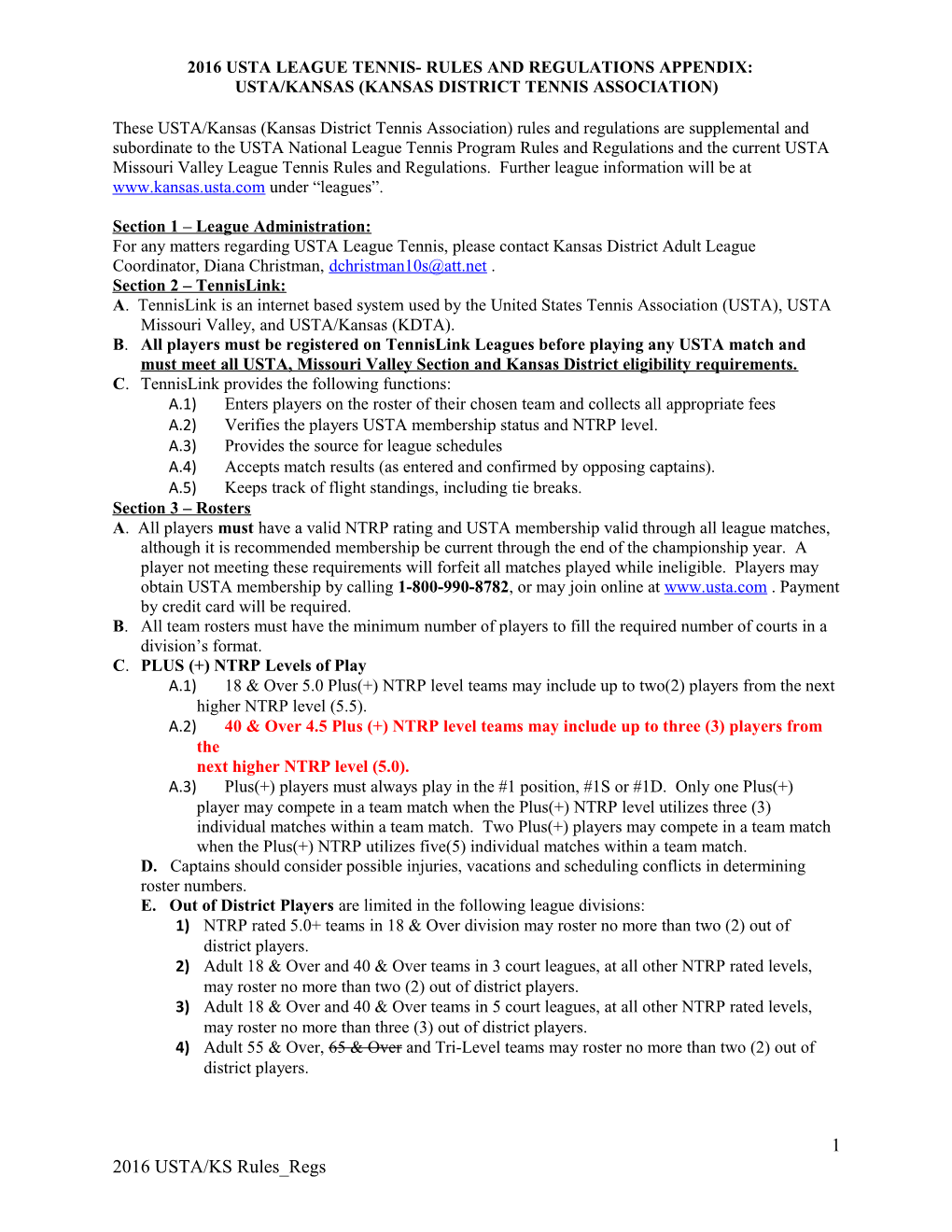 2016 Usta League Tennis- Rules and Regulations Appendix