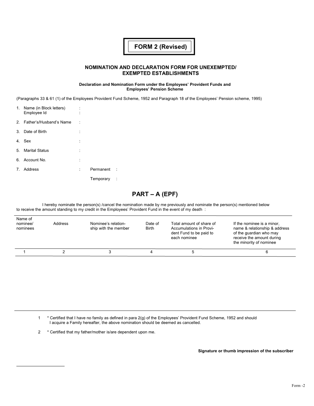 Nomination and Declaration Form for Unexempted