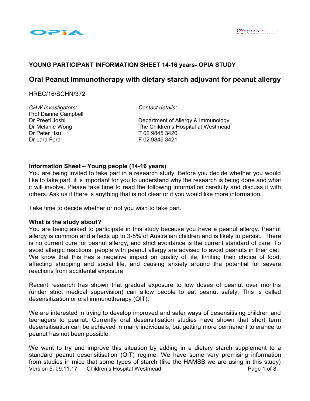 YOUNG PARTICIPANTINFORMATION SHEET 14-16 Years- OPIA STUDY