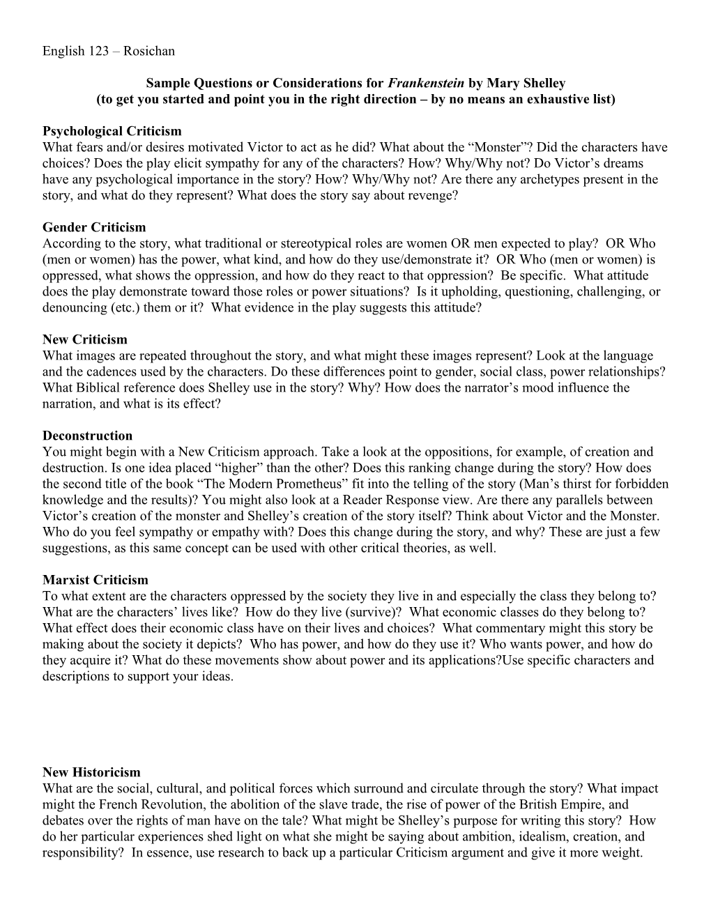 Sample Questionsor Considerations for Frankenstein by Mary Shelley