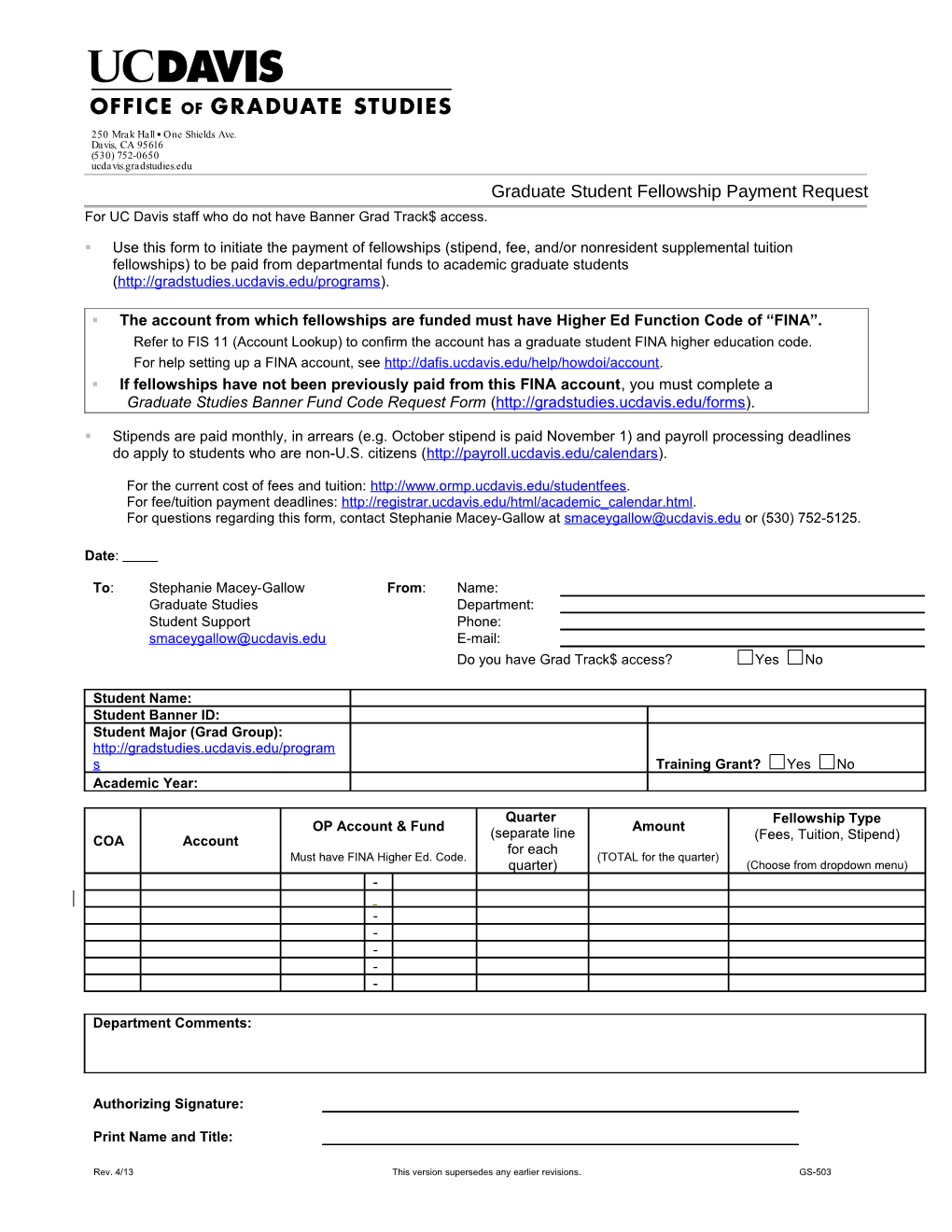 Graduate Student Fellowship Payment Request
