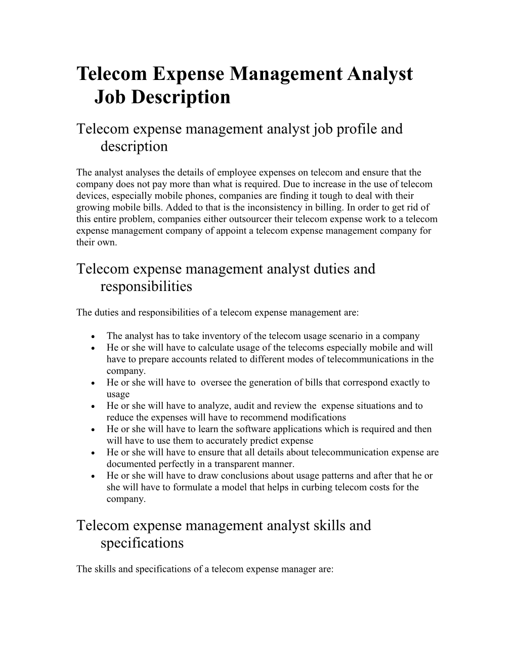 Telecom Expense Management Analyst Job Description