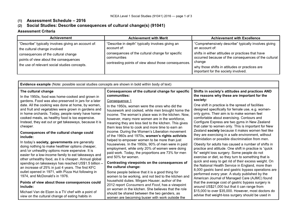 NCEA Level 1 Social Studies (91041) 2016 Assessment Schedule