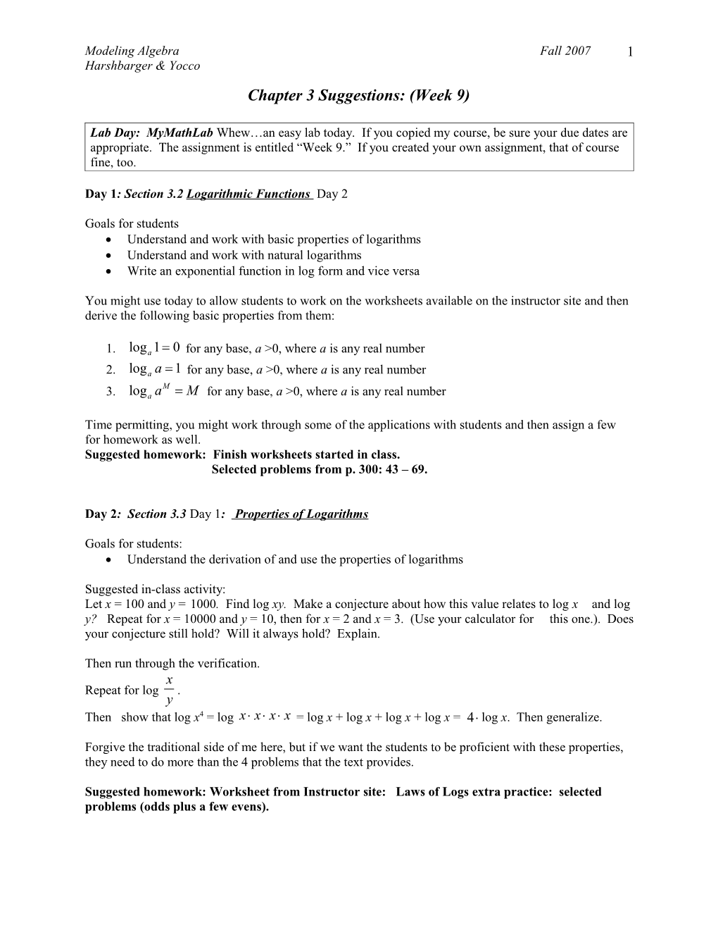 Modeling Algebra Fall 2007