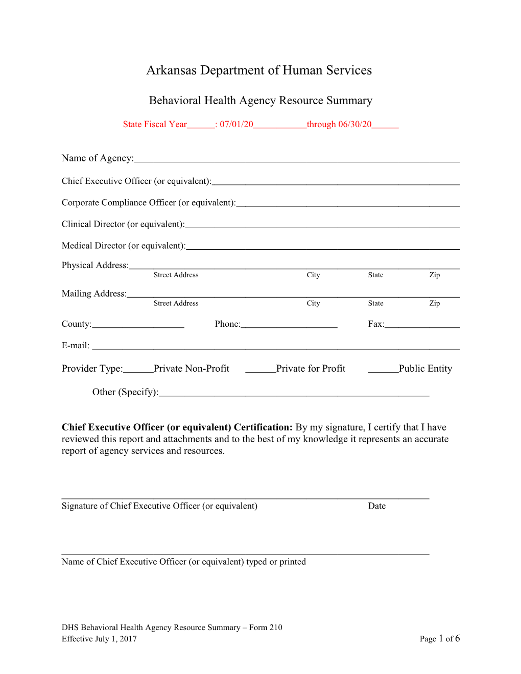 DHS BEHAVIORAL HEALTH AGENCY Form 210 - BHA Resource Summary