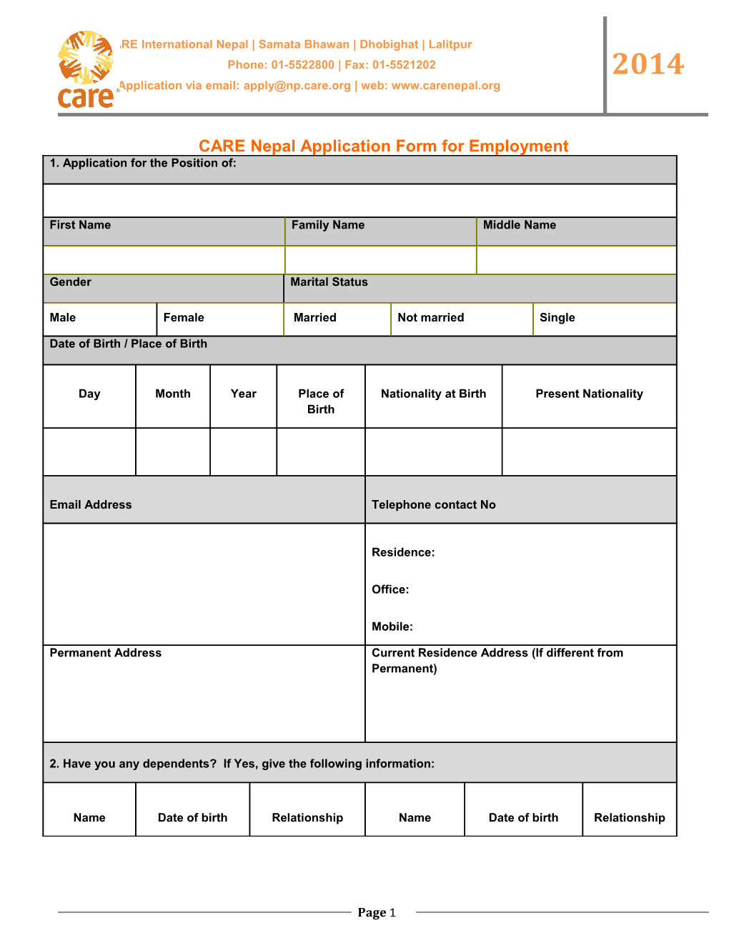 CARE Nepal Application Form for Employment
