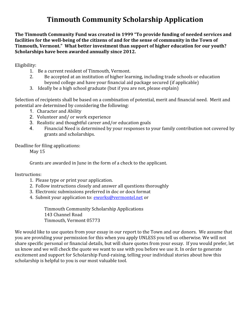 Tinmouth Community Scholarship Application