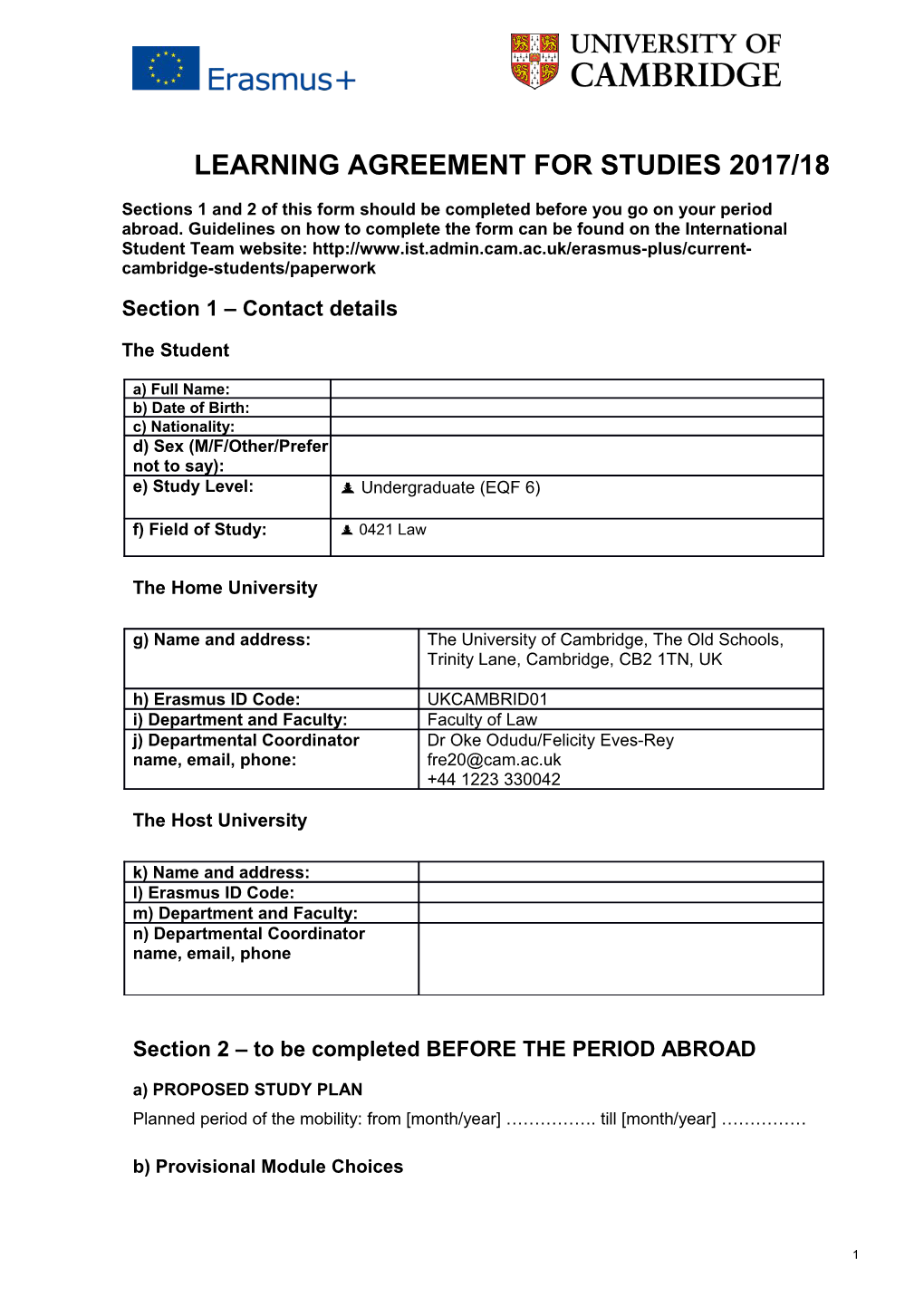 Learning Agreement for Studies 2017/18