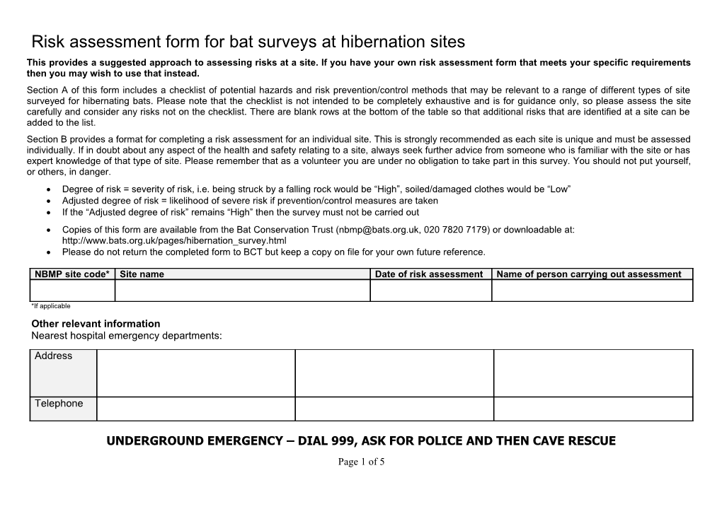 Risk Assessment Form for Bat Surveys at Hibernation Sites