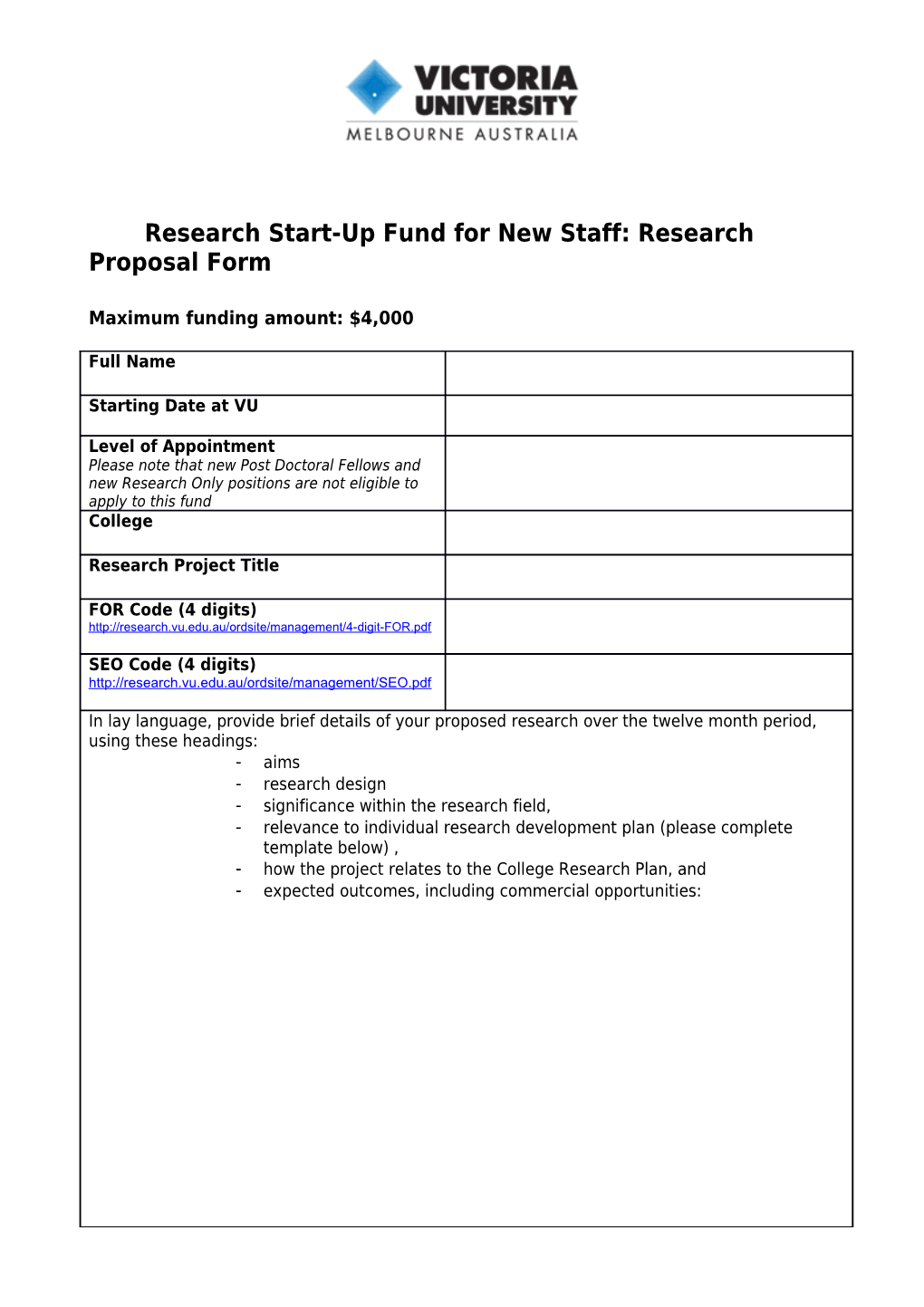 Research Start-Up Fund for New Staff: Research Proposal Form