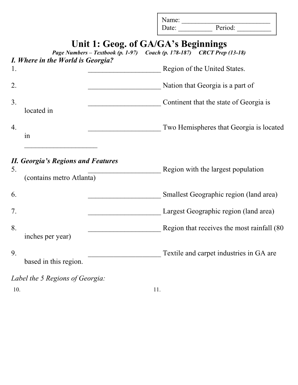 Page Numbers Textbook (P. 1-97) Coach (P. 178-187) CRCT Prep (13-18)