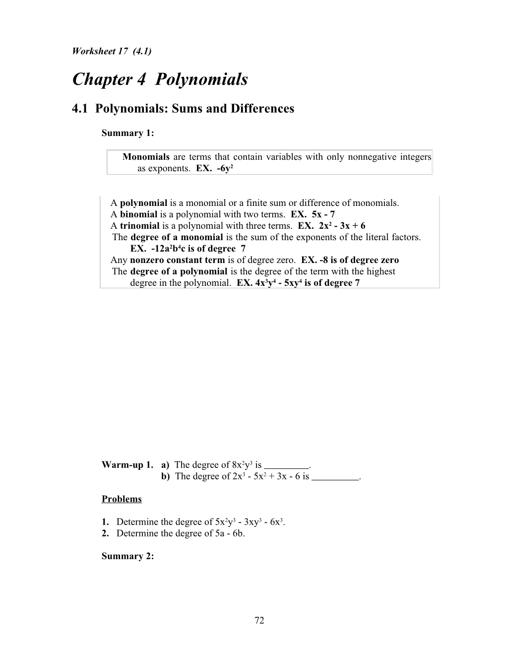 4.1 Polynomials: Sums and Differences