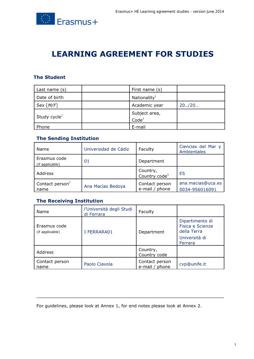 Erasmus+ HE Learning Agreement Studies Version June2014