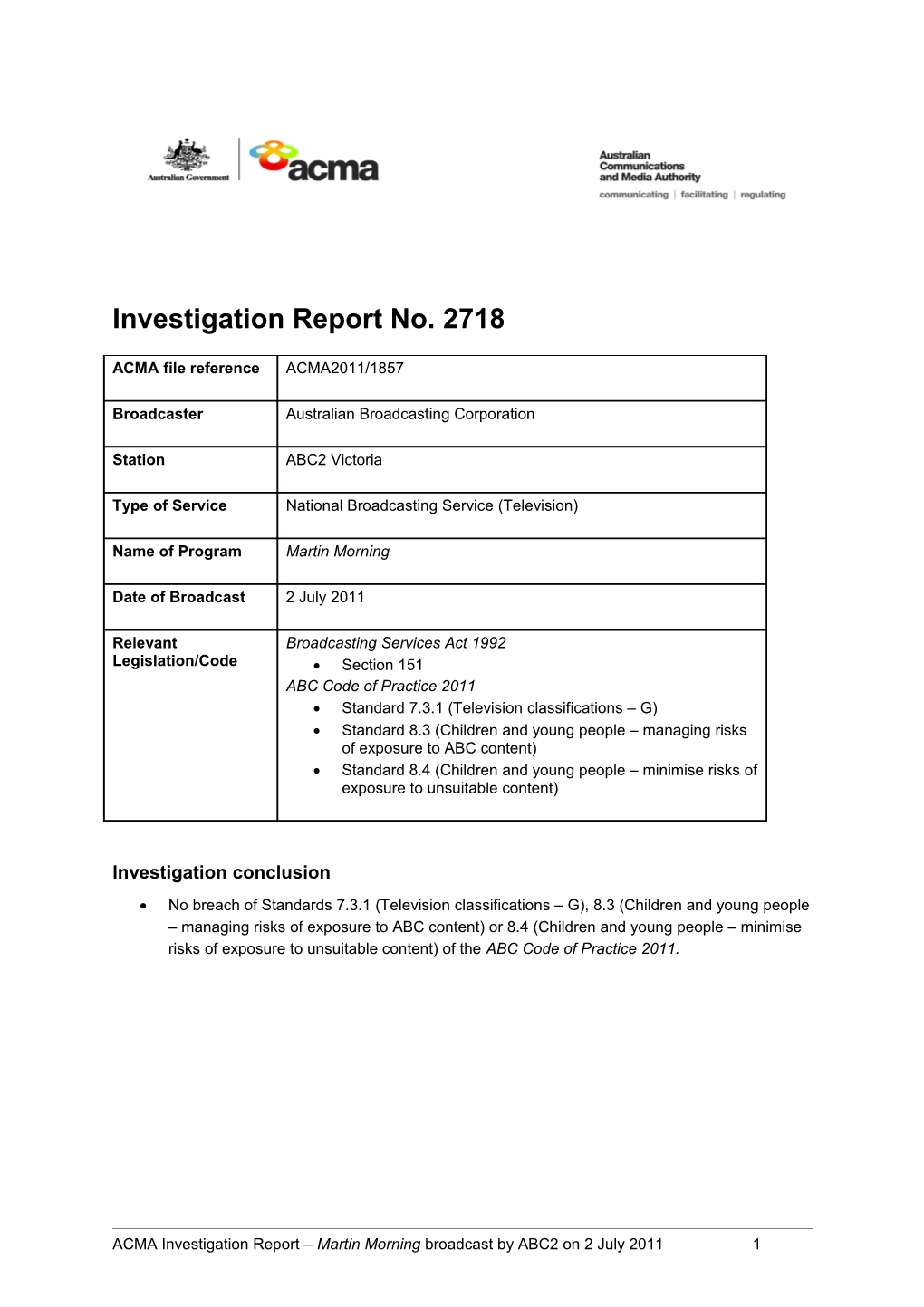 ABC2 Victoria - ACMA Investigation Report 2718