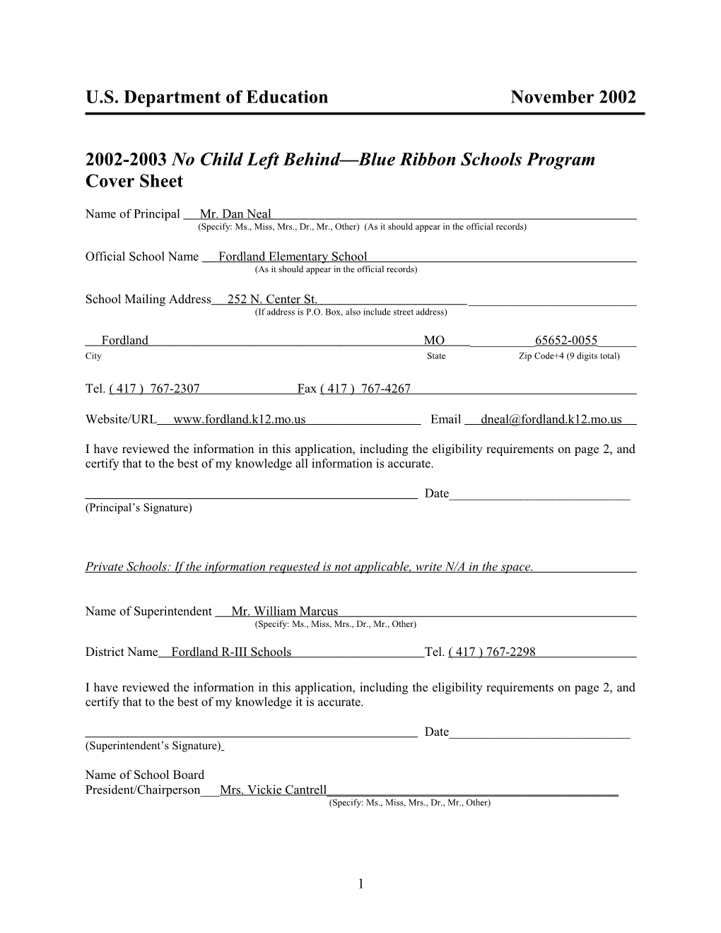 Fordland Elementary School 2003 No Child Left Behind-Blue Ribbon School (Msword)