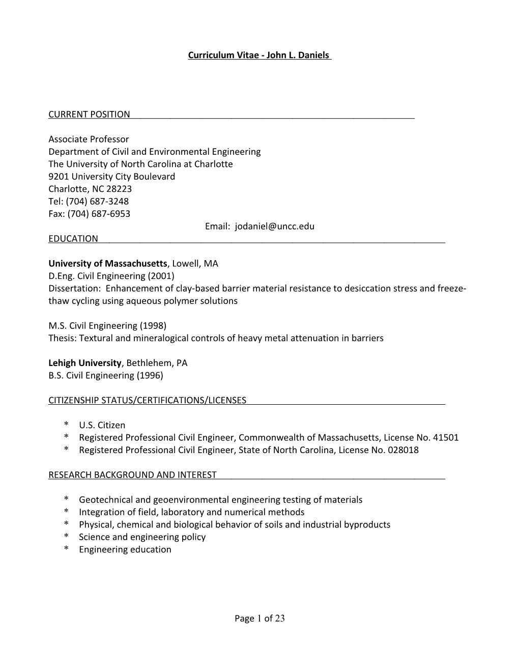 Curriculum Vitae - John L. Daniels