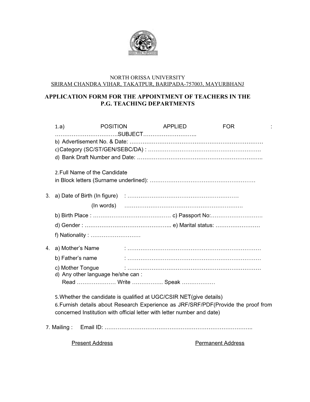 Application Form for the Appointment of Teachers in The