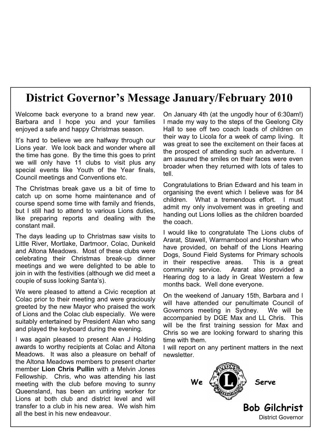 District Governor S Message