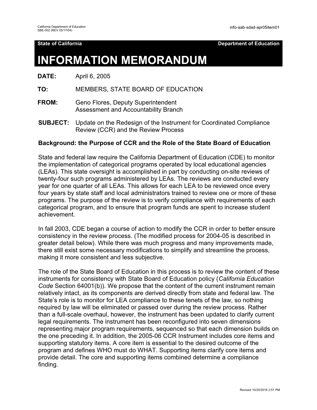 SDAD Item 01 April 2005 - Information Memorandum (CA State Board of Education)