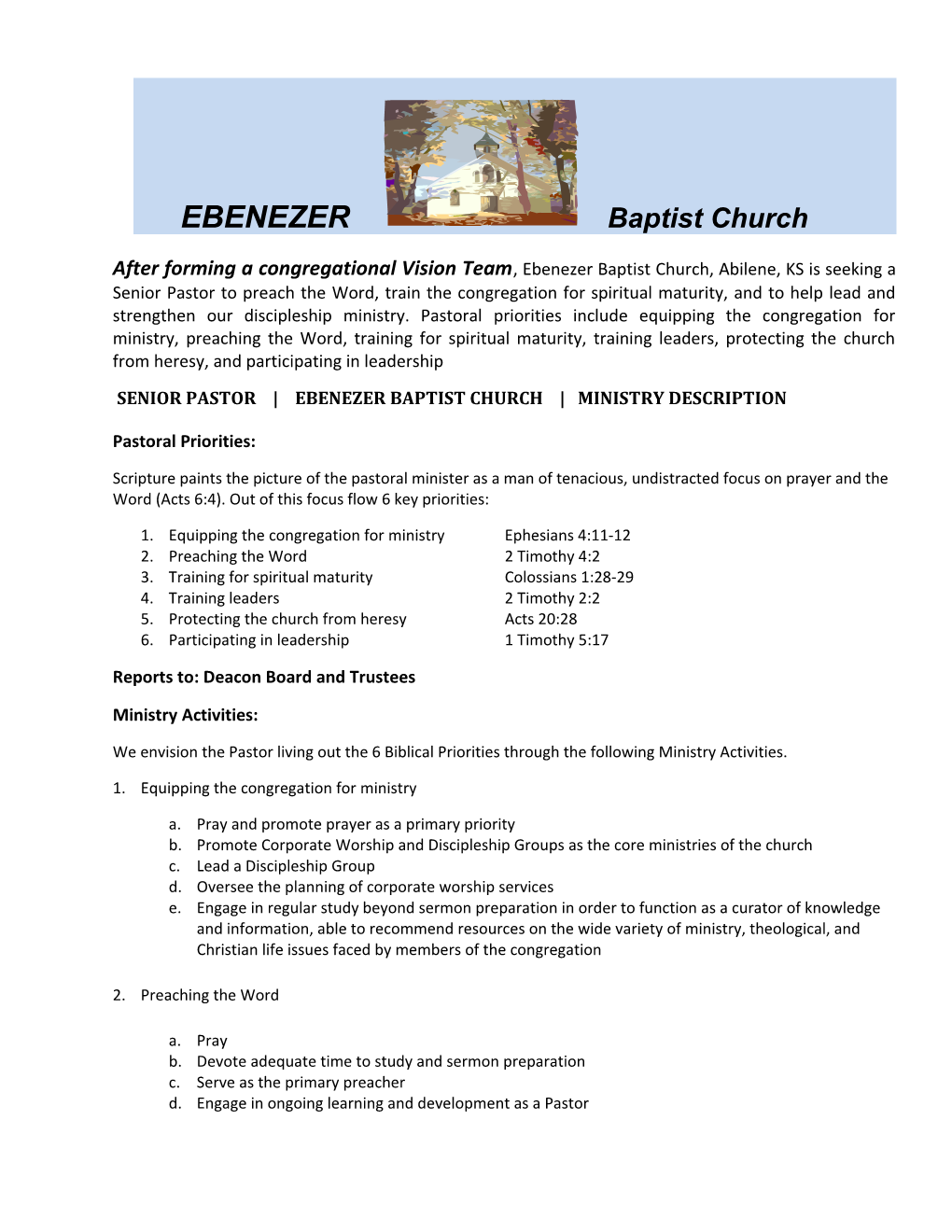 Senior Pastor Ebenezer Baptist Church Ministry Description