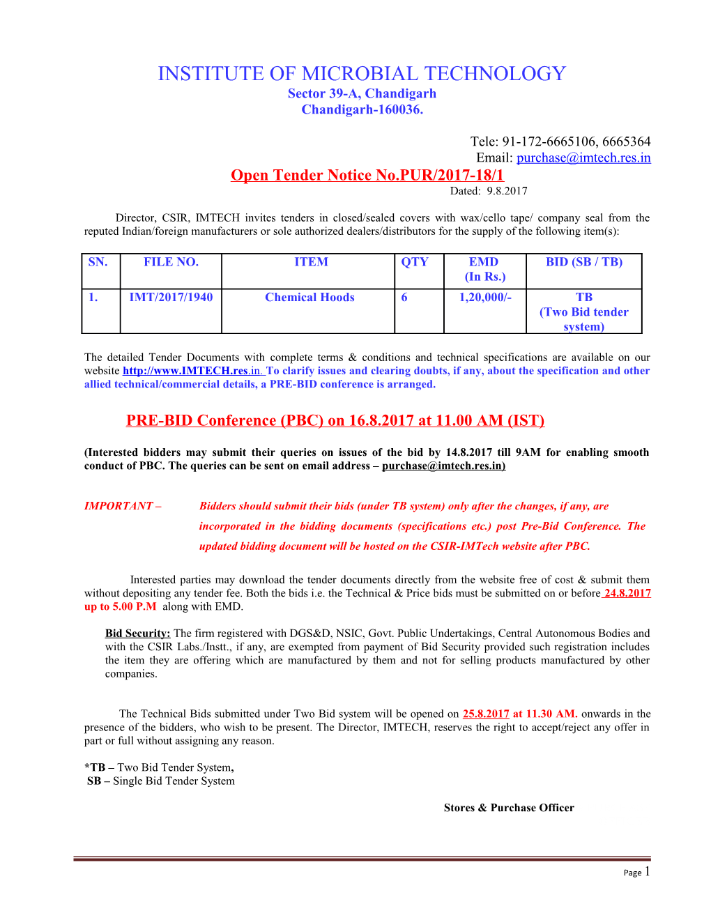 Open Tender Notice No.PUR/2017-18/1