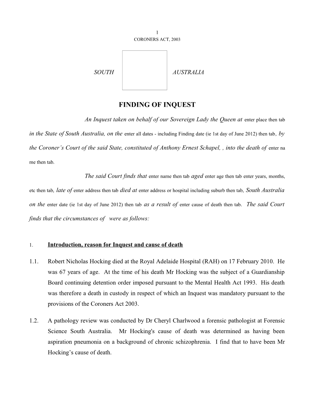 Finding of Inquest - Robert Nicholas Hocking