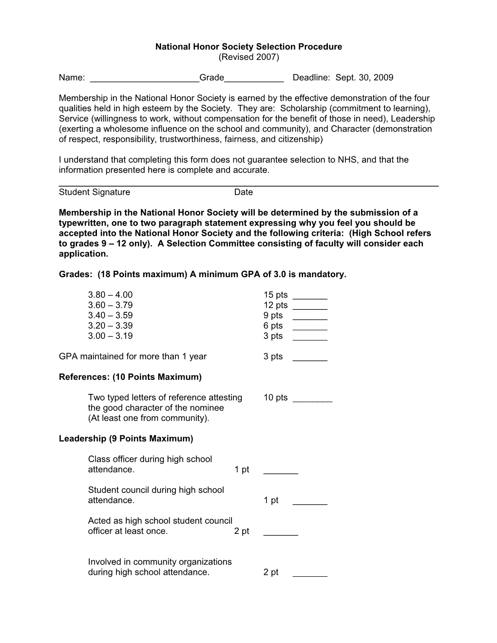 National Honor Society Selection Procedure