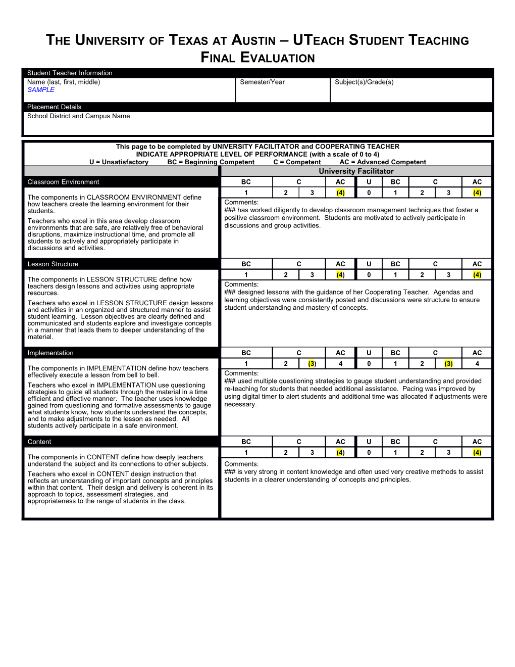 The University of Texas at Austin Uteach Student Teaching Final Evaluation