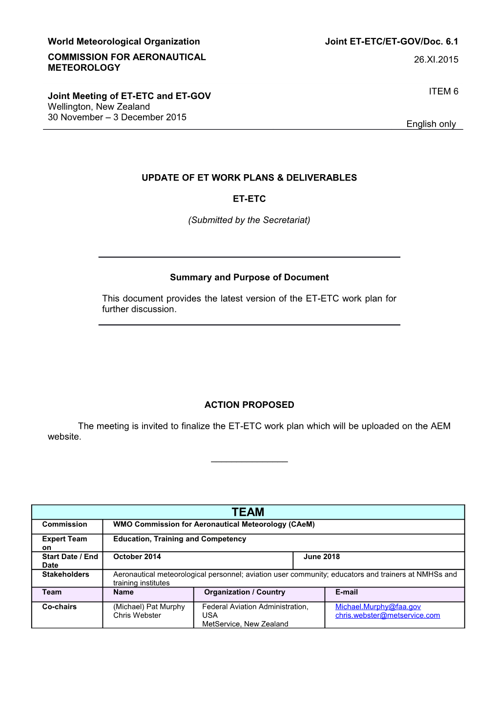 Update of Et Work Plans & Deliverables