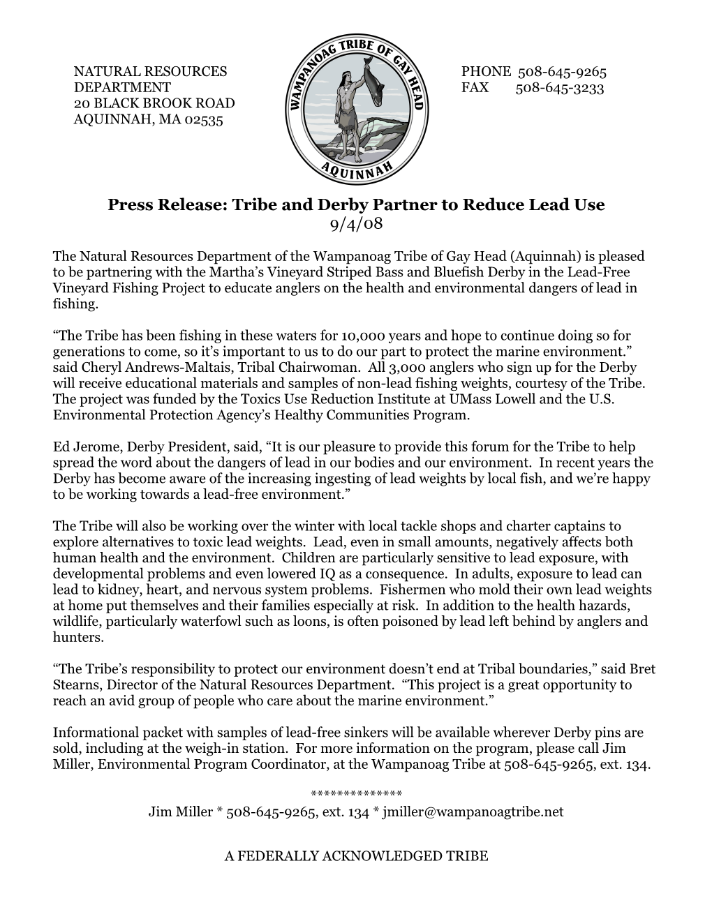 Press Release: Tribe and Derby Partner to Reduce Lead Use